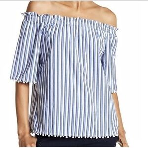 Trina Turk Womens Sz S Blue Striped Off the Shoulder Pom-Pom Fringe Blouse Top